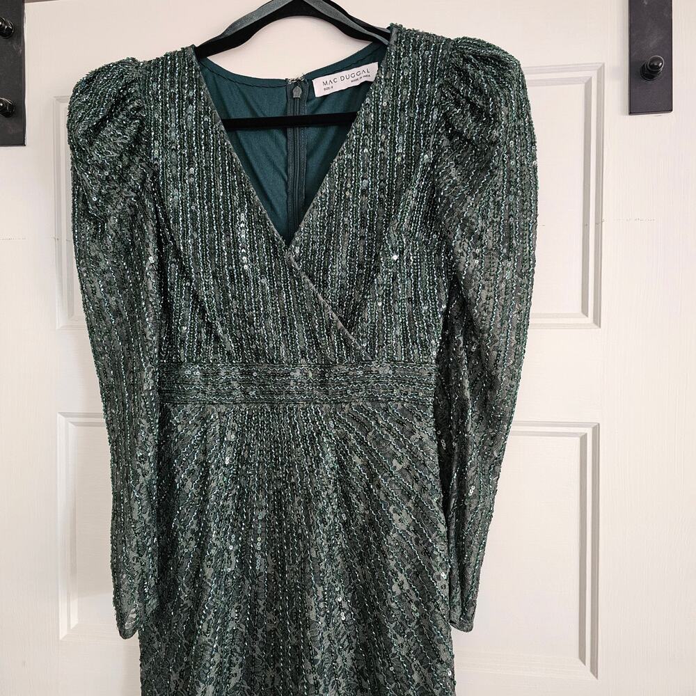Mac Duggal 93676 Beaded Lace Long Sleeve Formal Gown Dress Green Size 0 - Picture 3 of 10